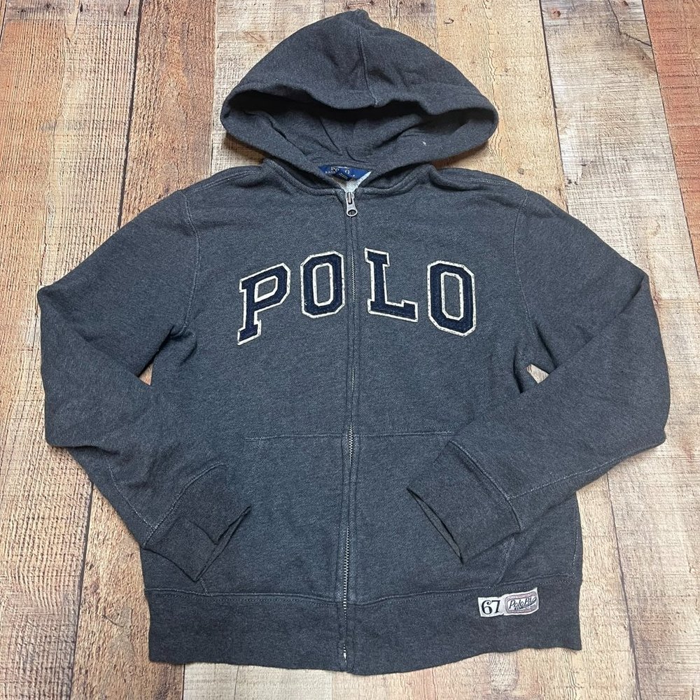 Polo Ralph Lauren Hoodie Full Zip Boy M 10-12 Gray POLO Embroidery Pockets